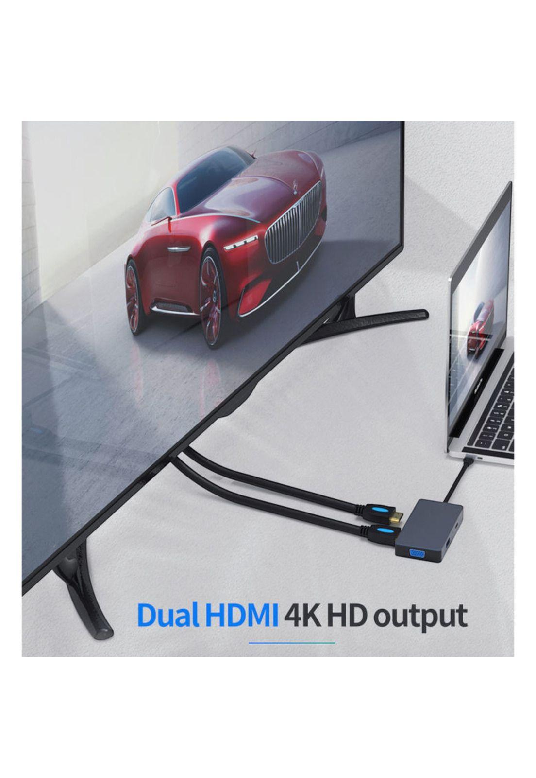 Hub Adaptador Type-C (5en1) 4K HDMI X2/ VGA/ Type-C/ USB 3.0-6