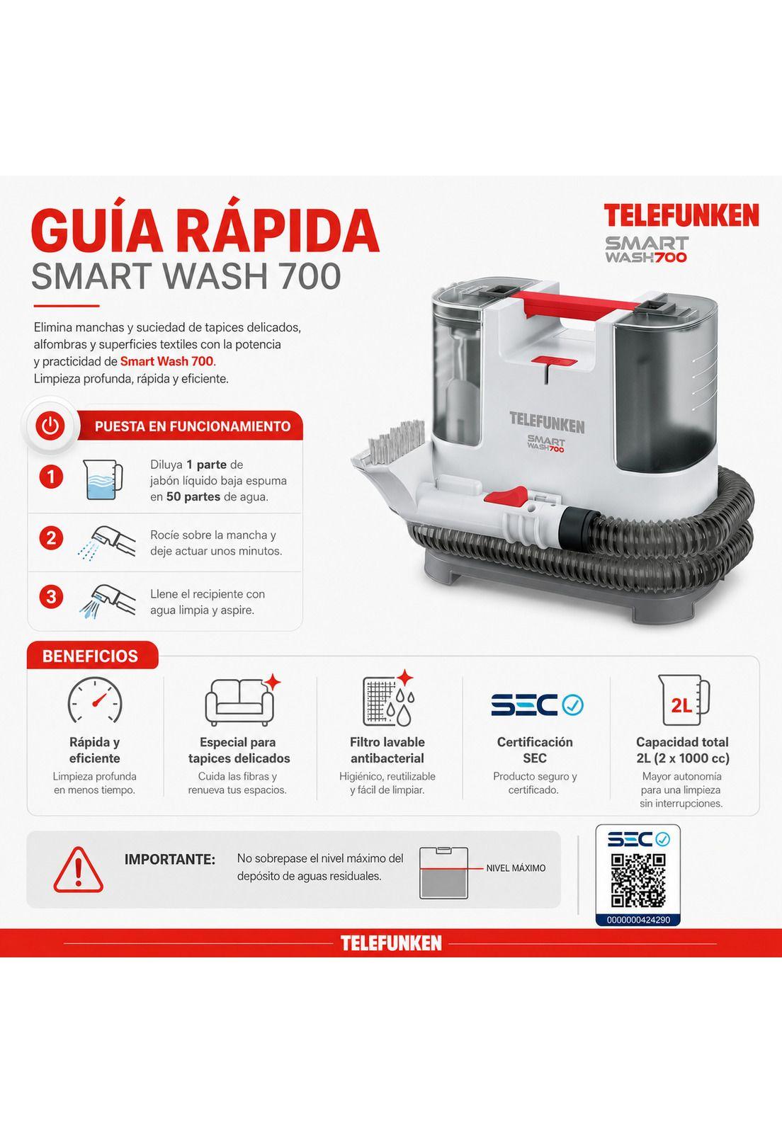 Aspiradora Limpia Tapiz Telefunken Smart Wash 700W Multiusos-9