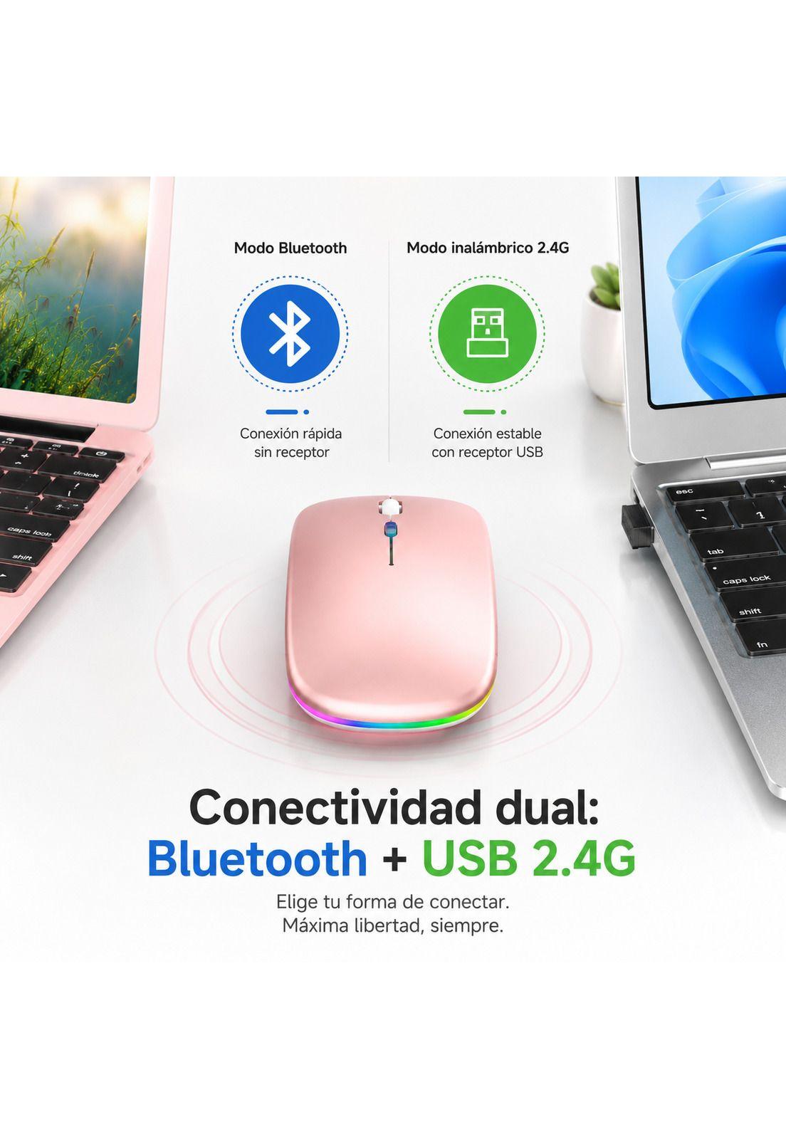 Mouse Dual Inalámbrico Rosado Recargable Bluetooth + USB 2G-5