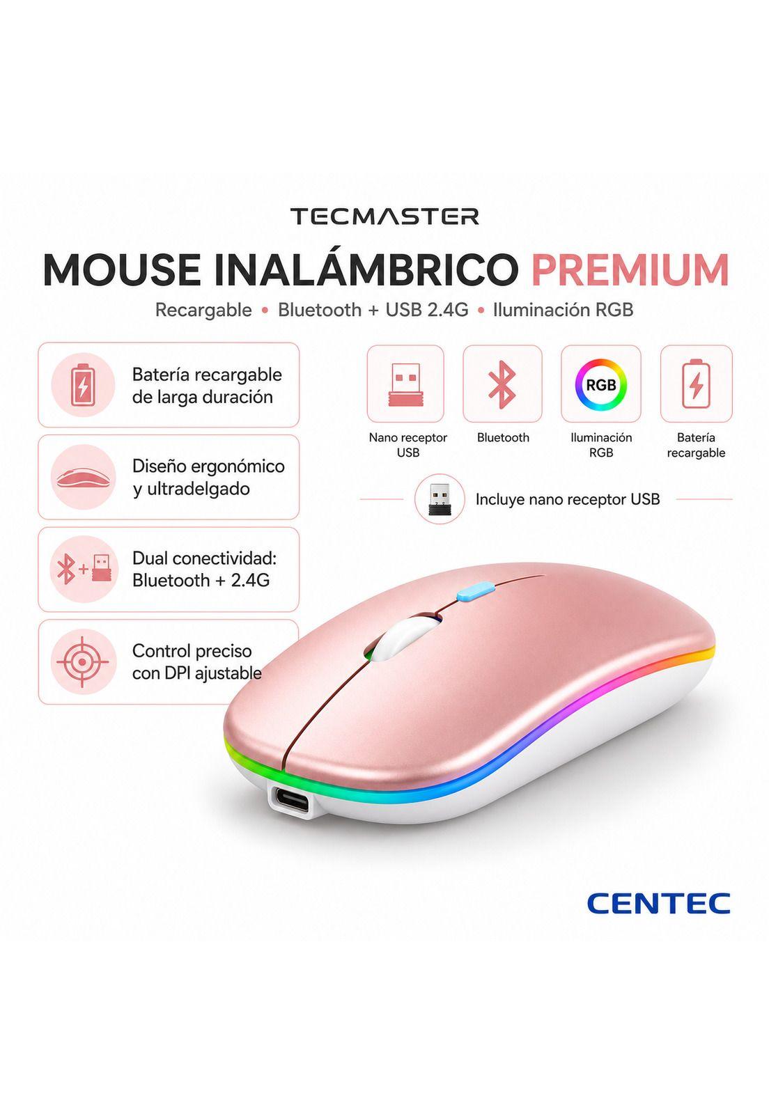 Mouse Dual Inalámbrico Rosado Recargable Bluetooth + USB 2G-7