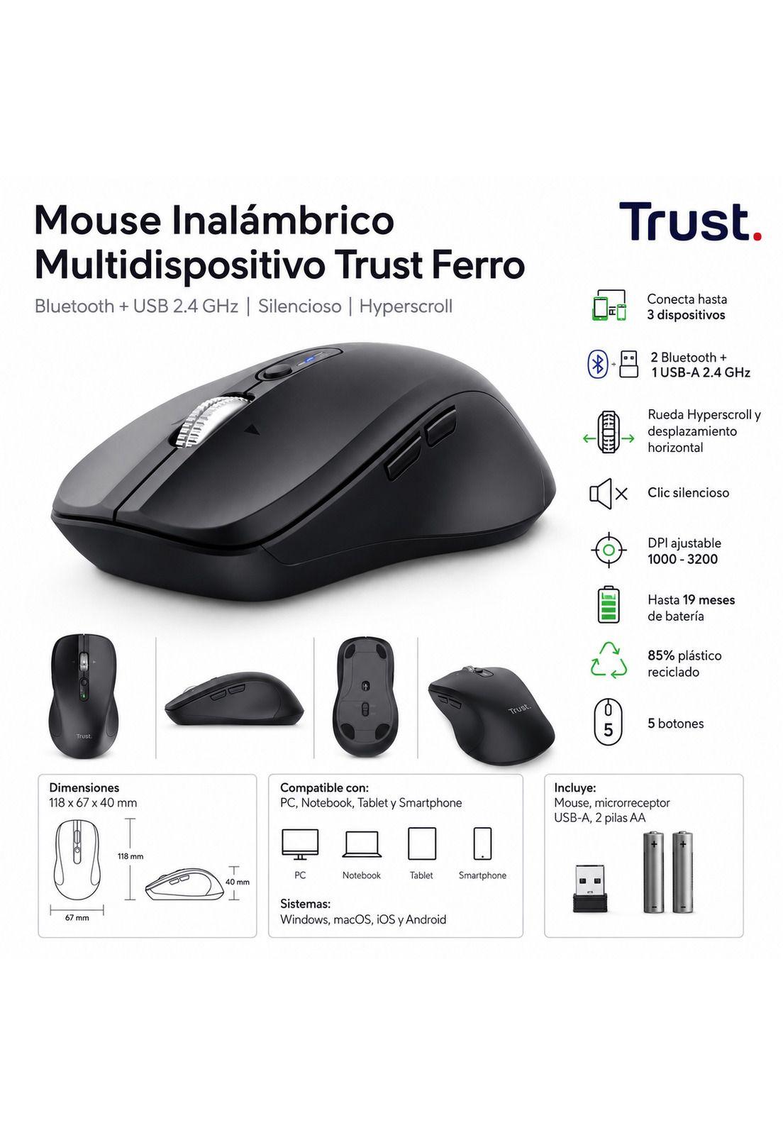 Mouse Dual Inalámbrico Trust Ferro Hyperscroll BT + USB 2G-6