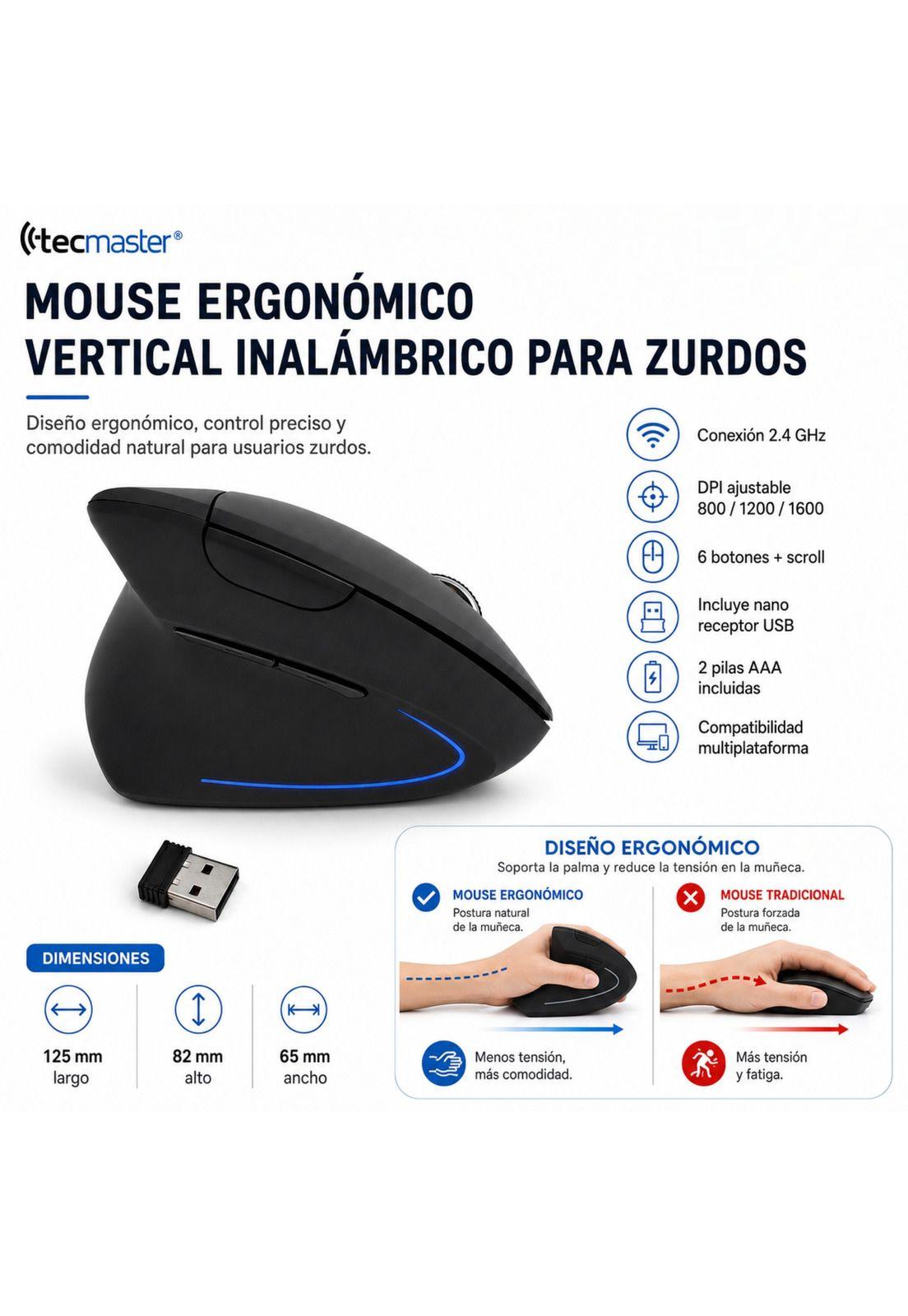 Mouse Ergonómico Vertical Inalámbrico para Zurdos Iluminado-7
