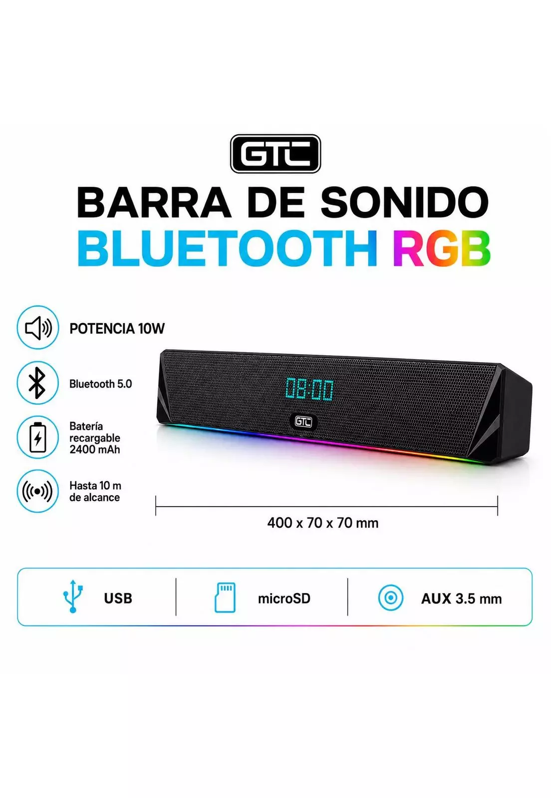 Barra de Sonido Inalámbrica Bluetooth RGB Recargable-5