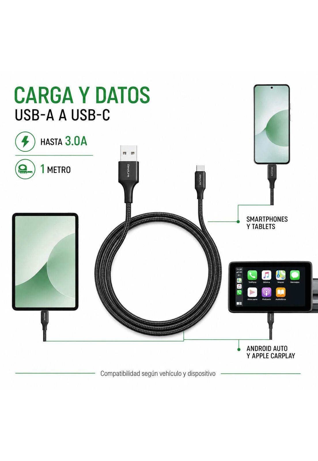Cable de Datos USB a USB-C 1MT para Android Auto y  CarPlay-7