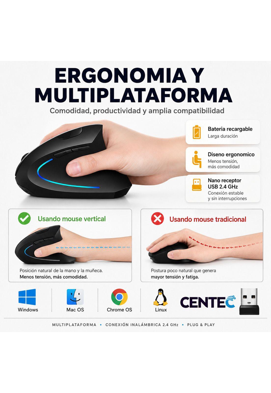 Mouse Vertical Inalámbrico Ergonómico Recargable 2.4 Ghz Pro-6