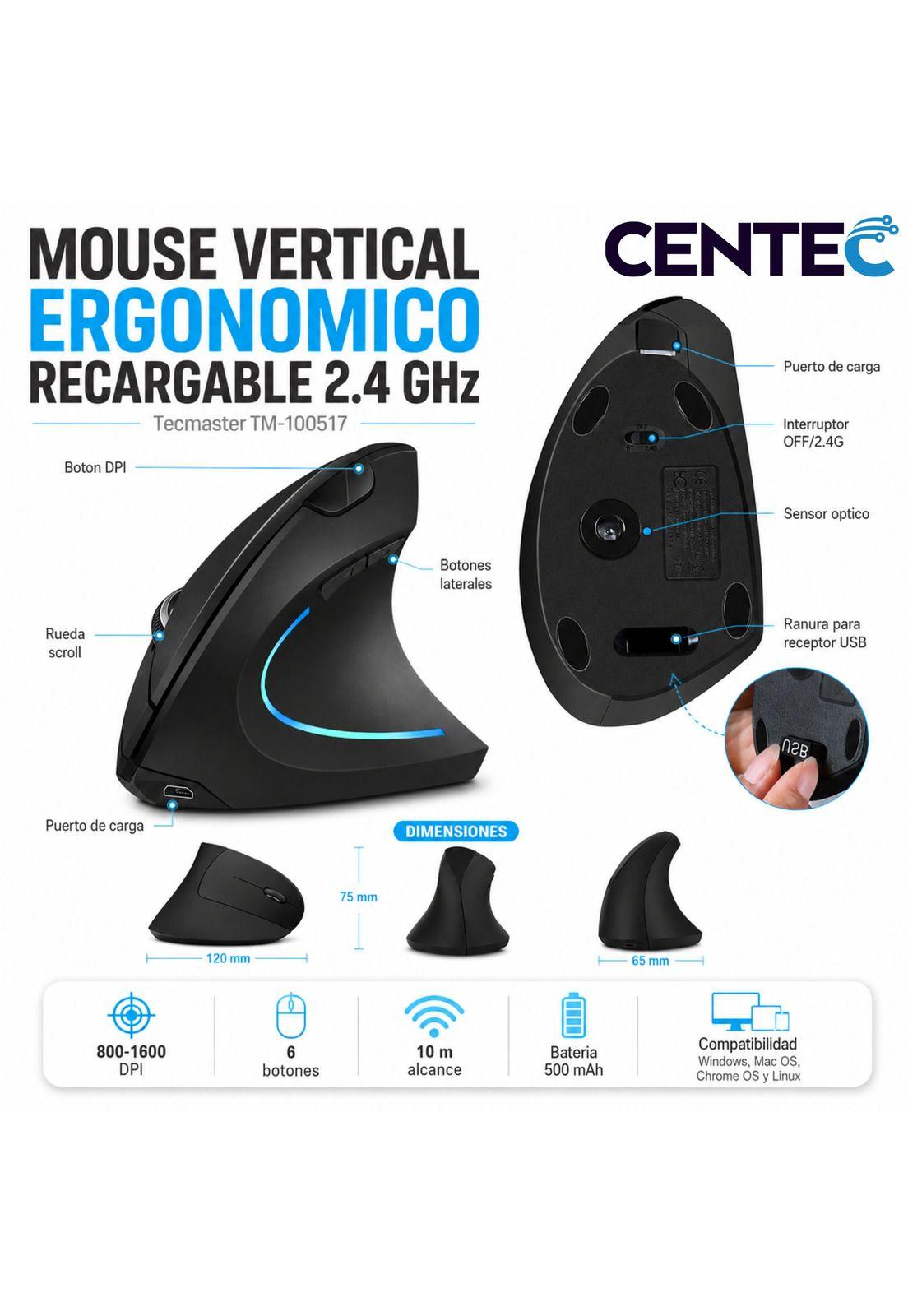 Mouse Vertical Inalámbrico Ergonómico Recargable 2.4 Ghz Pro-7