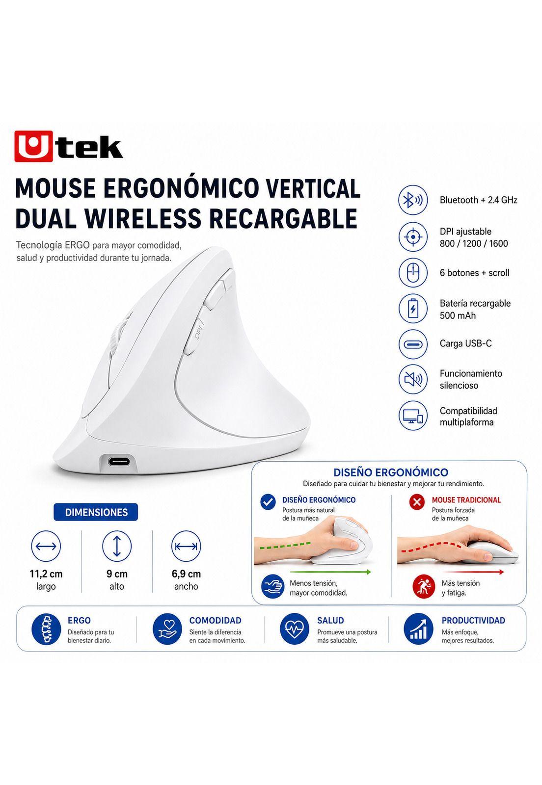 Mouse Vertical Ergonómico Dual Wireless Recargable Blanco-7