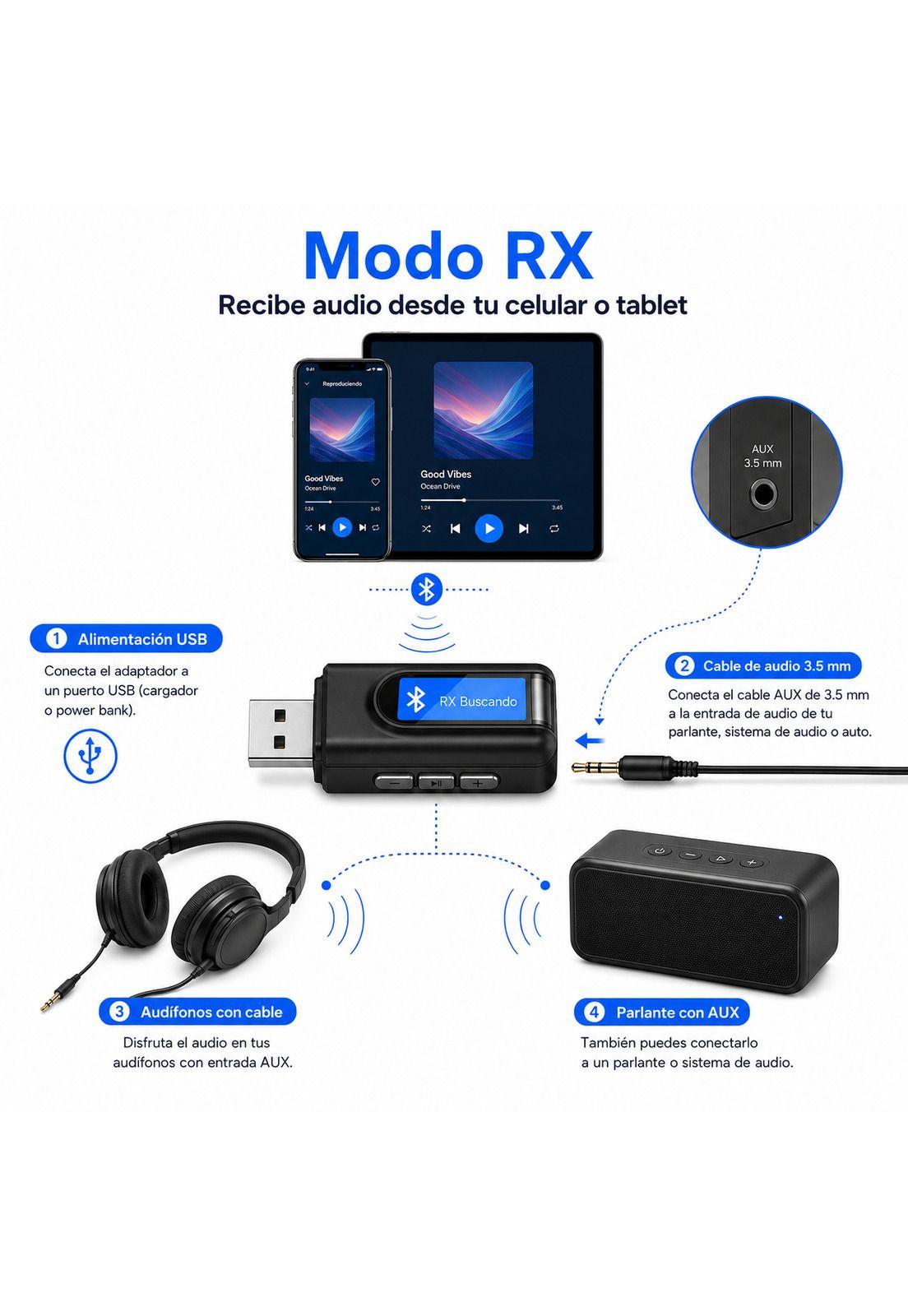 Transmisor y Receptor Bluetooth de Audio y Datos RX - TX  BT 5.0 Pantalla LCD-5