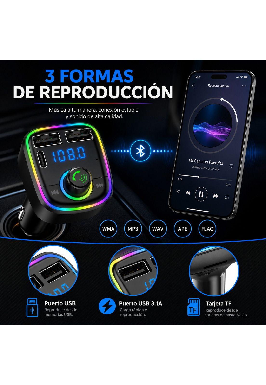 Transmisor FM Bluetooth + Puerto Quick Charge 20W 12/24V RGB-7