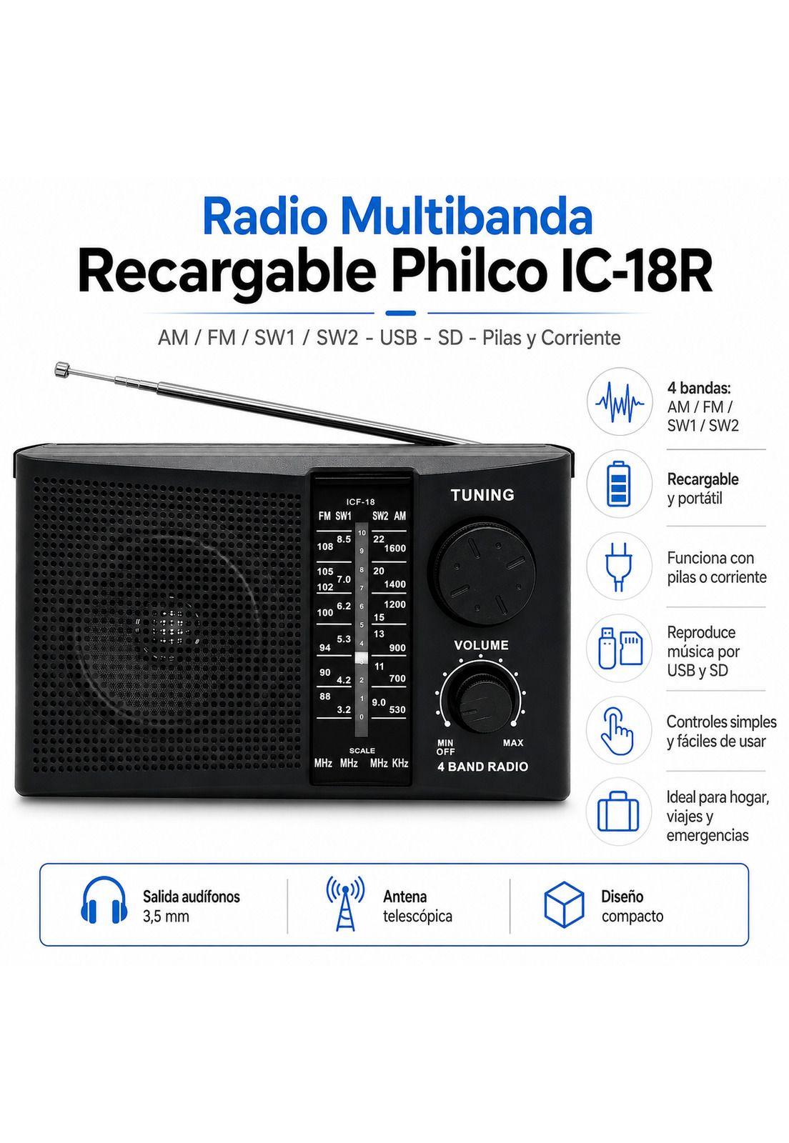 Radio AM / FM Multibandas Recargable a Pilas y Corriente 18R-5