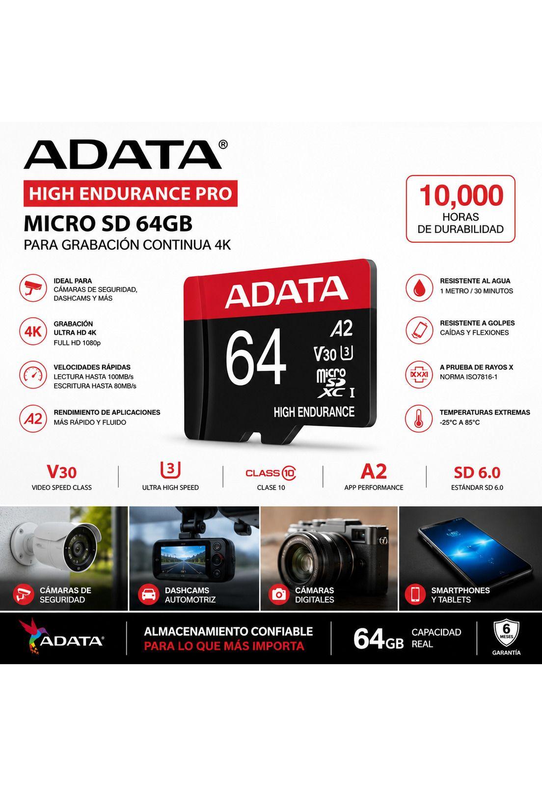 Memoria Micro SD Adata 64GB Clase 10 para 4K High Endurance-5