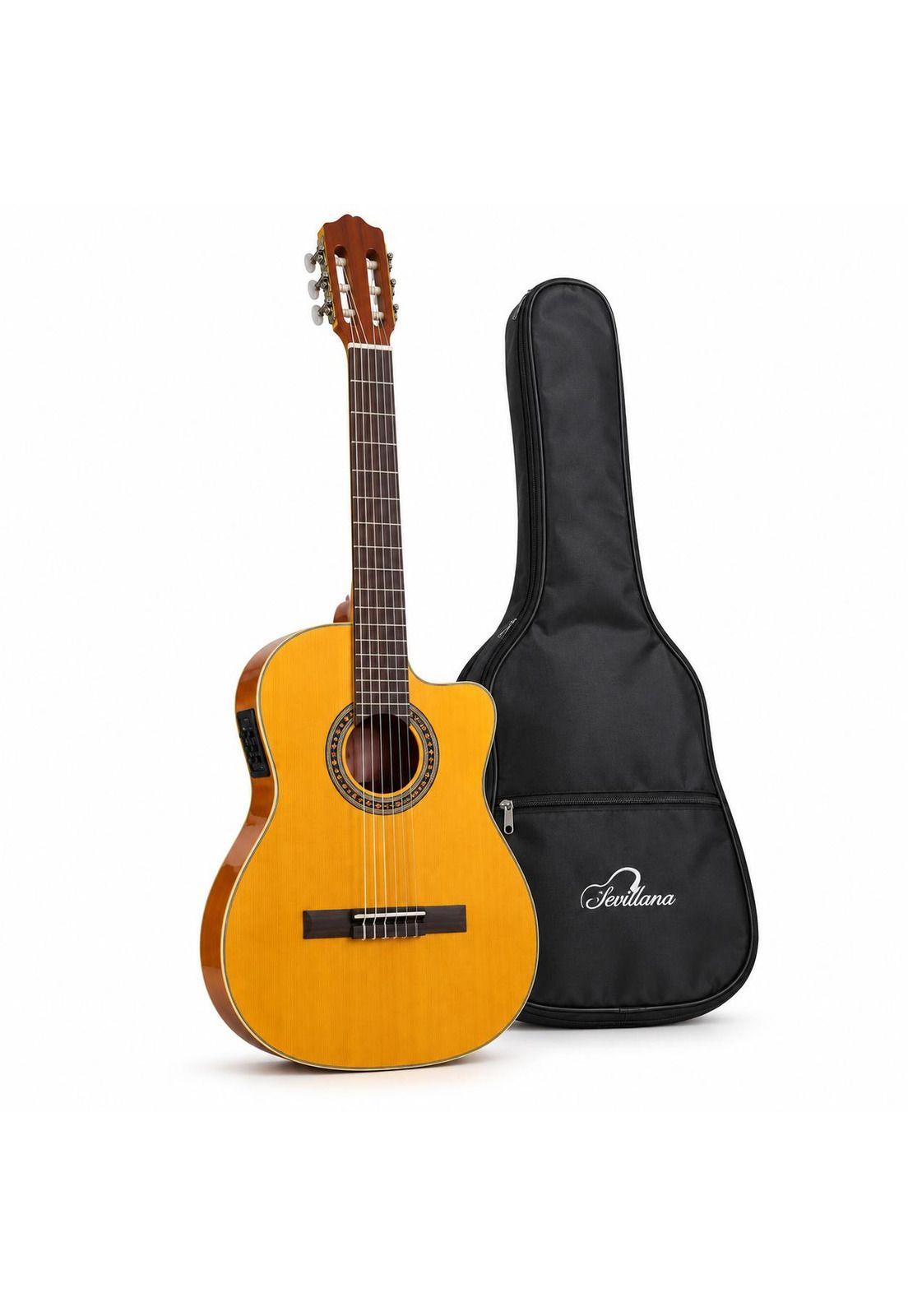 Guitarra Electroacústica Sevillana Cutaway Ultra Delgada Natural con Ecualizador y Funda-0