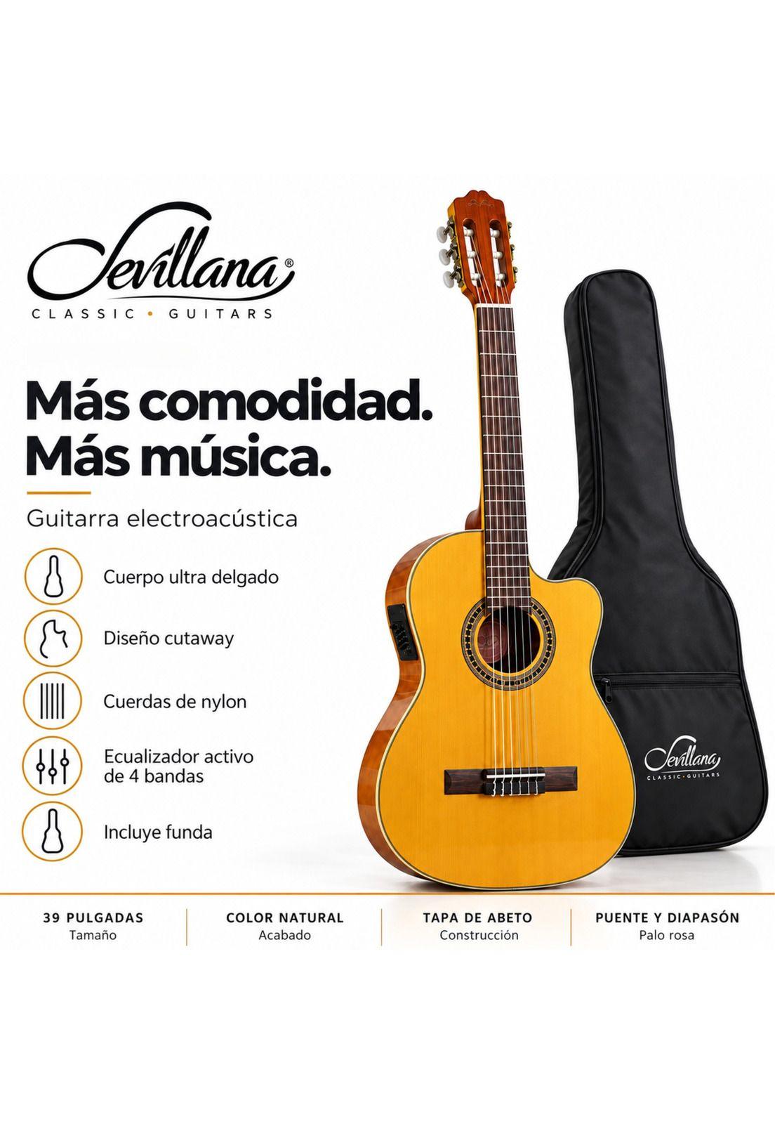 Guitarra Electroacústica Sevillana Cutaway Ultra Delgada Natural con Ecualizador y Funda-5