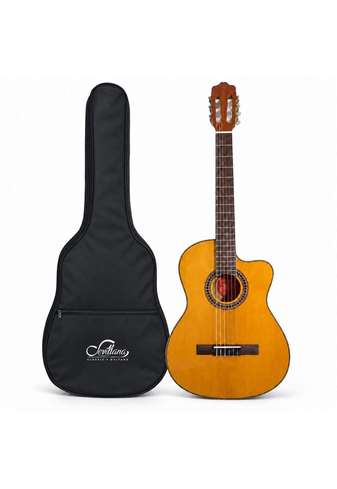 Guitarra Electroacústica Sevillana Cutaway Ultra Delgada Natural con Ecualizador y Funda-6