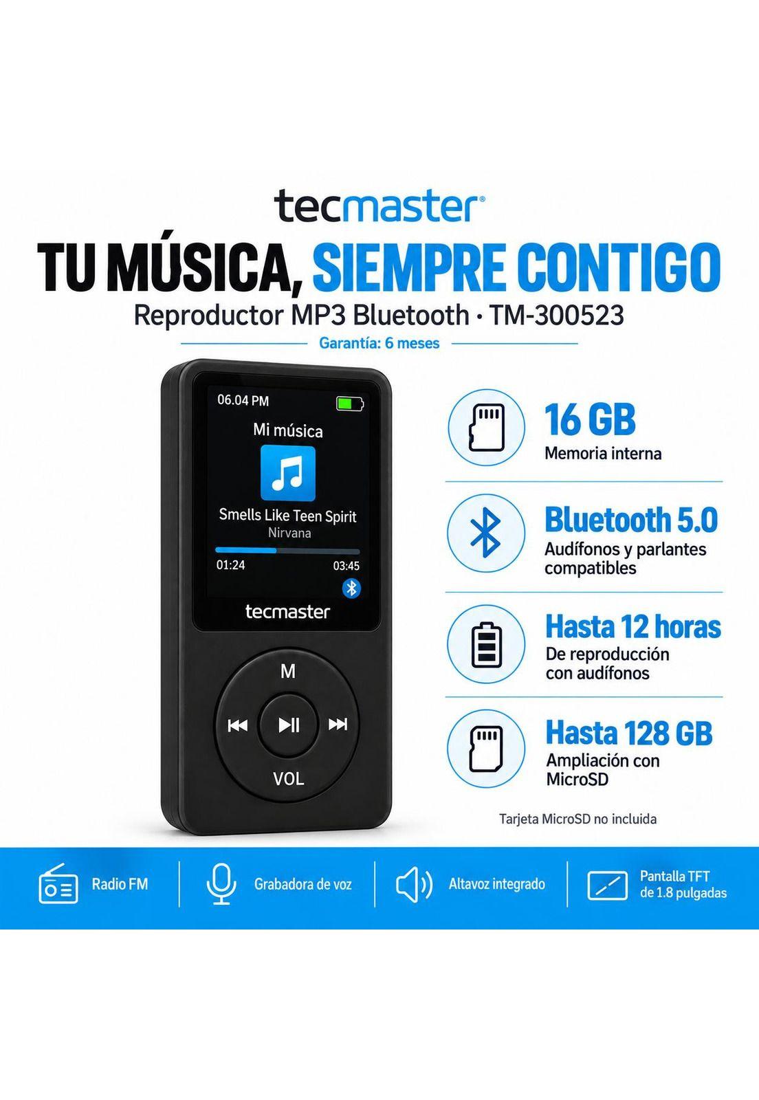 Reproductor MP3 16GB Bluetooth 5.0 Tecmaster TM-300523 Negro-6