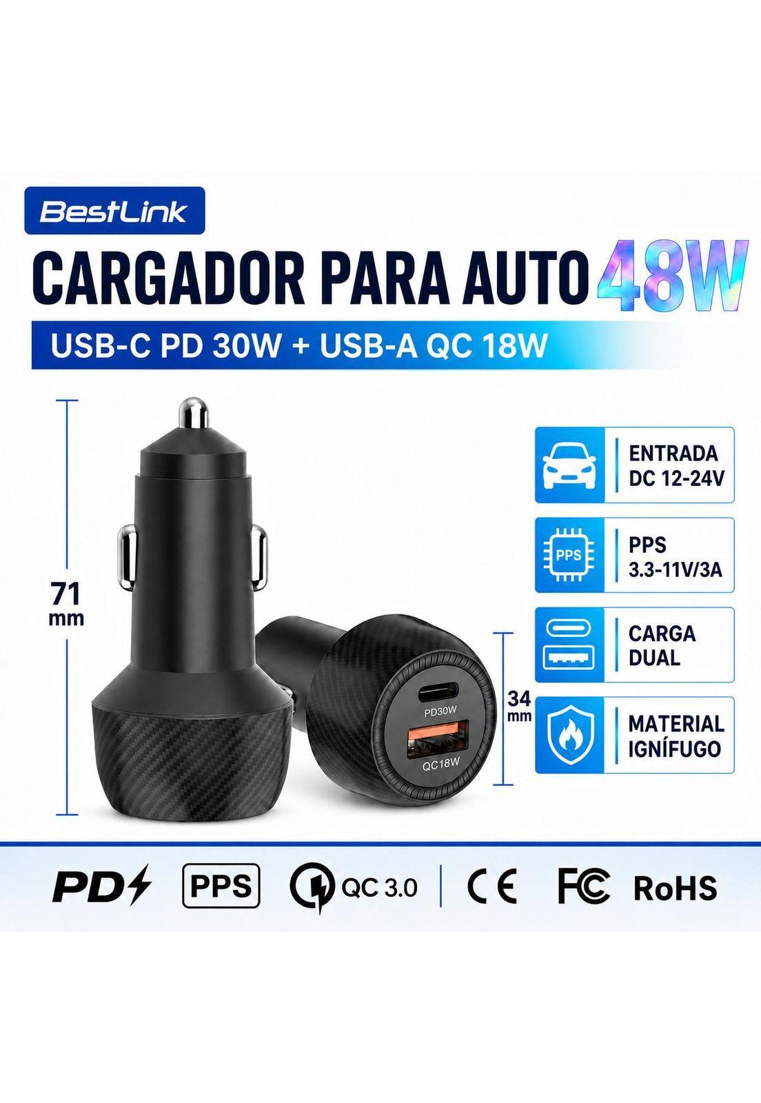 Cargador para Auto Dual 48W USB-C + USB-A Carga Ultra Rápida-4