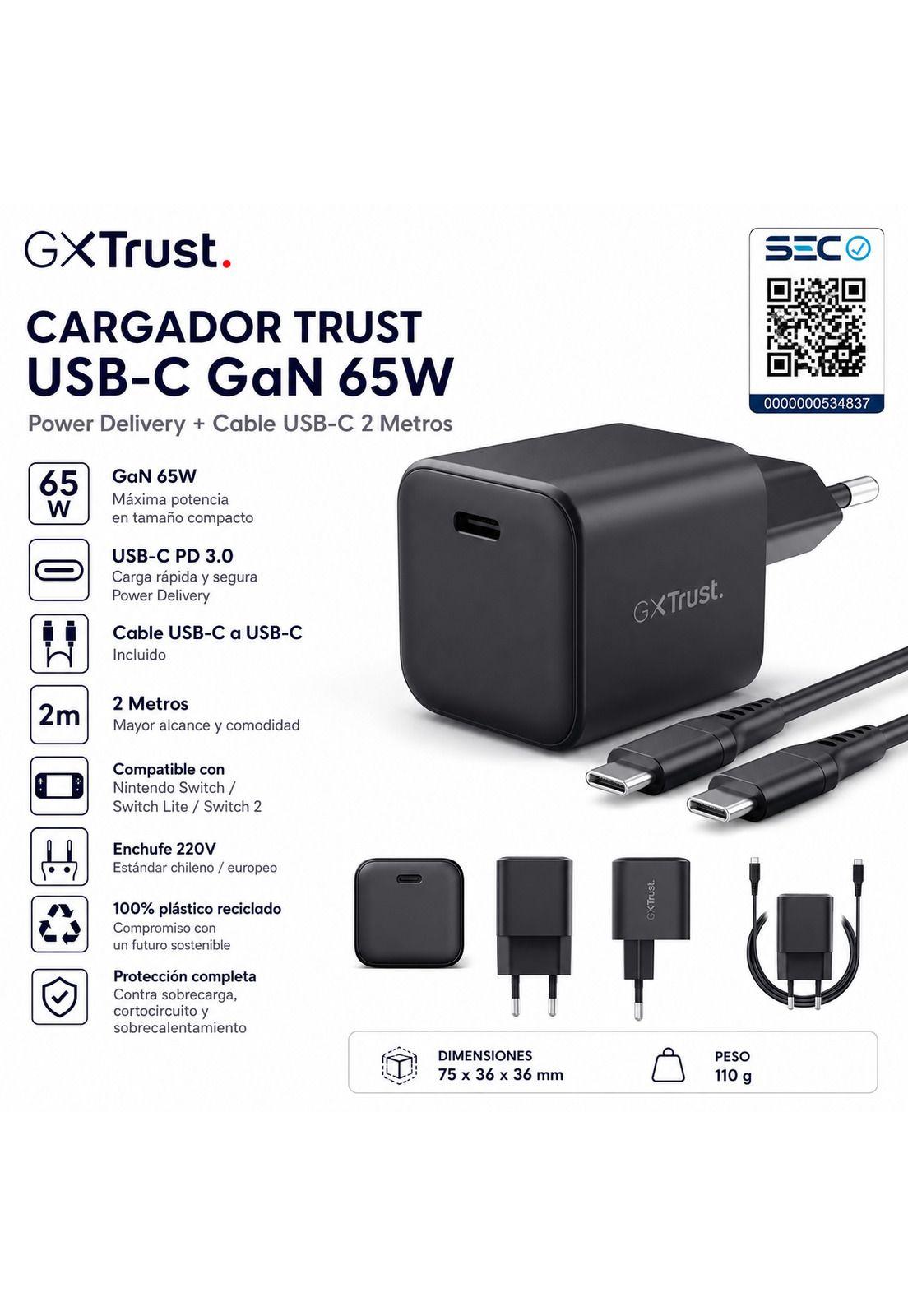 Cargador Trust USB-C GaN 65W PD con Cable USB-C 2MT GXT 1258-7