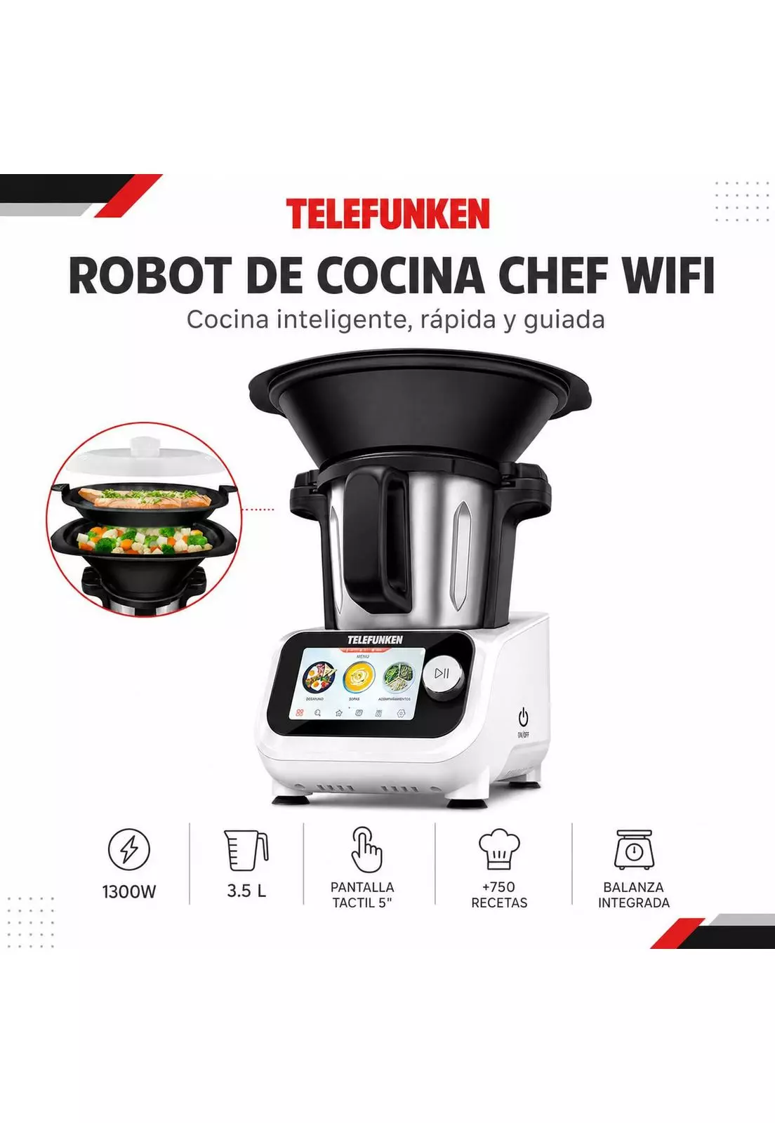 Robot de Cocina Touchscreen TELEFUNKEN CHEF WIFI 1300W 3.5L-5