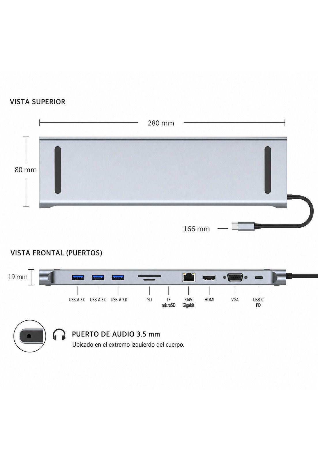 Hub Multipuerto Type-C (10en1) Profesional PD60W 4K Gigabyte-4