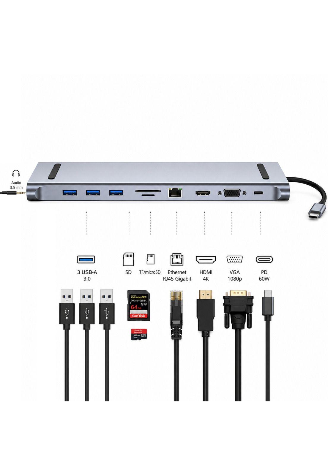 Hub Multipuerto Type-C (10en1) Profesional PD60W 4K Gigabyte-6