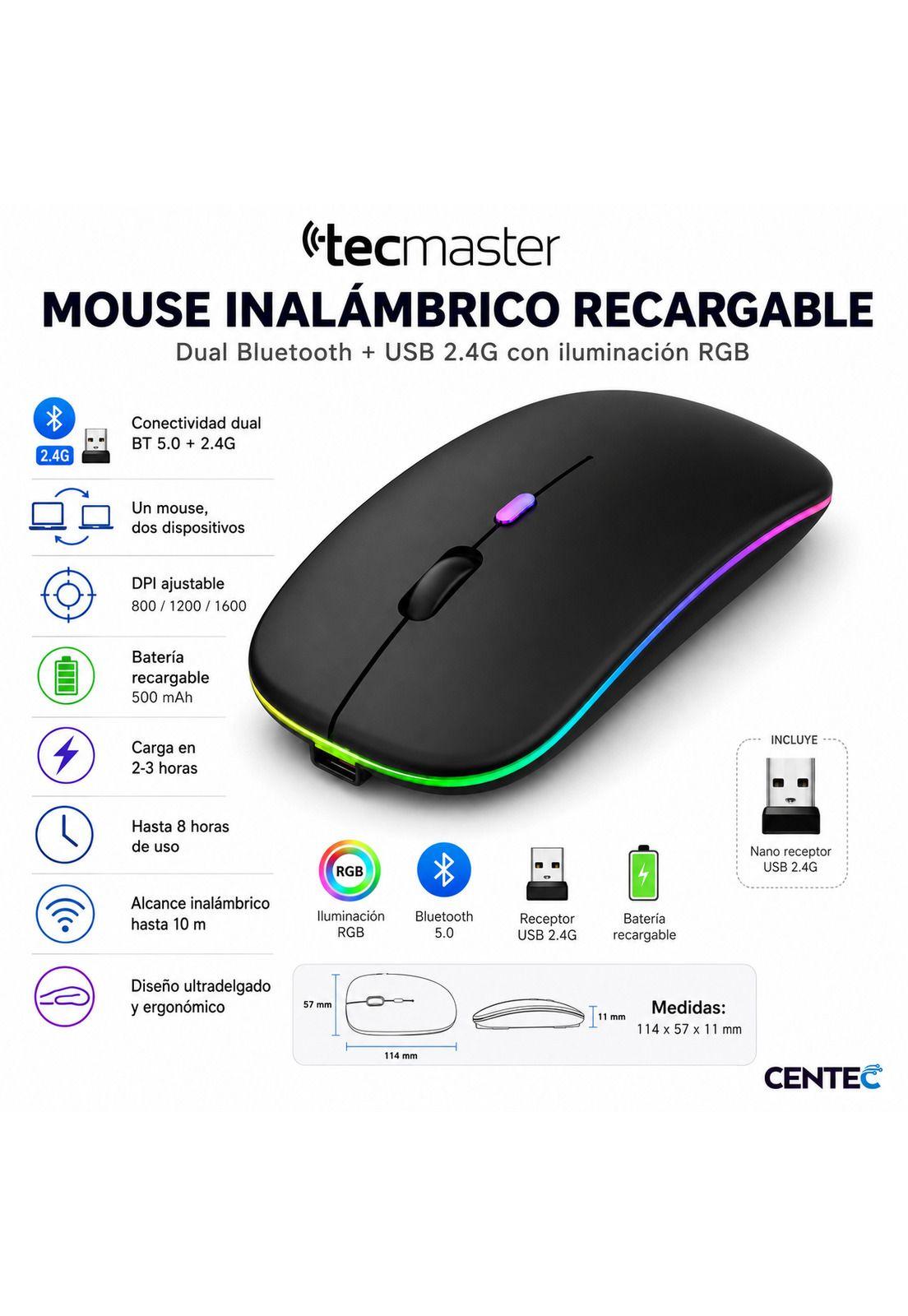 Mouse Inalámbrico Dual Bluetooth + USB 2G Recargable RGB BK-6