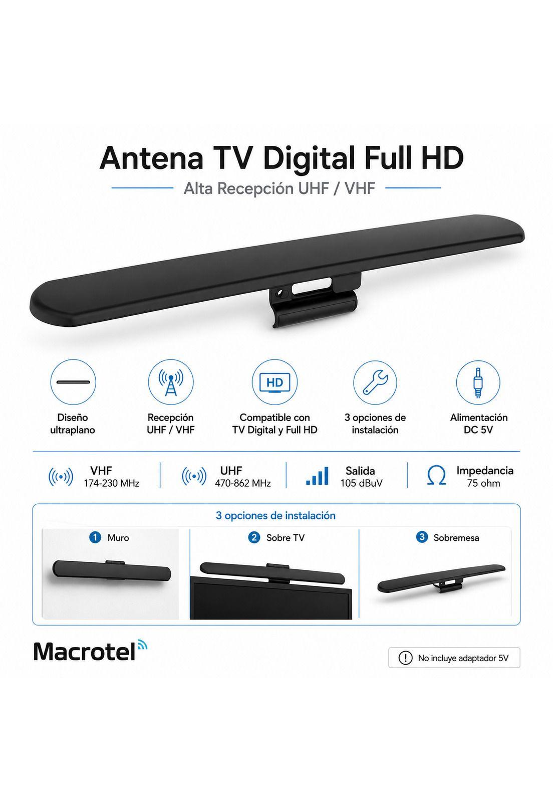 Antena TV Digital Flat Full HD de Alta Recepción  UHF /VHF-4