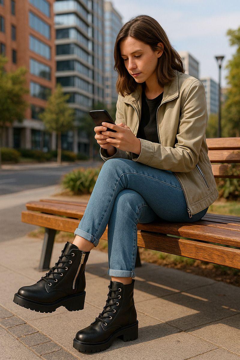 Botín Bota De Mujer Negra Casual Cremallera Y Cordones-1