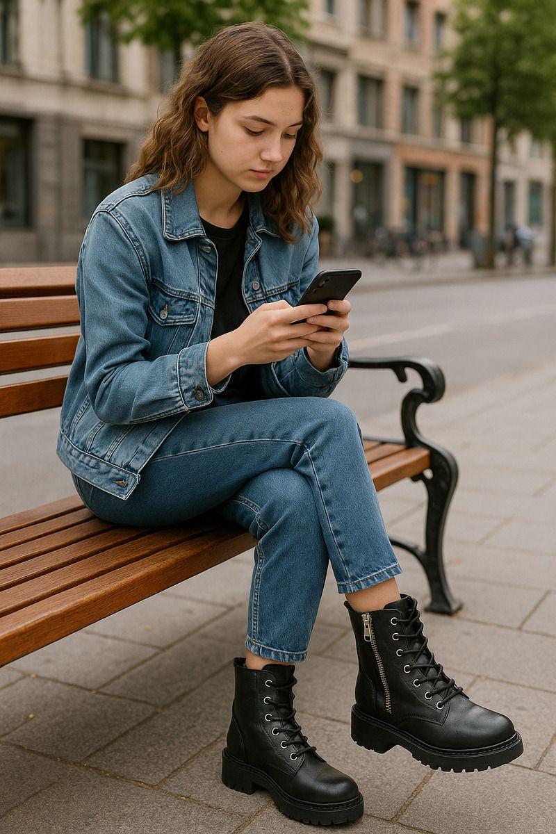 Botín Bota De Mujer Negra Casual Cremallera Y Cordones-3