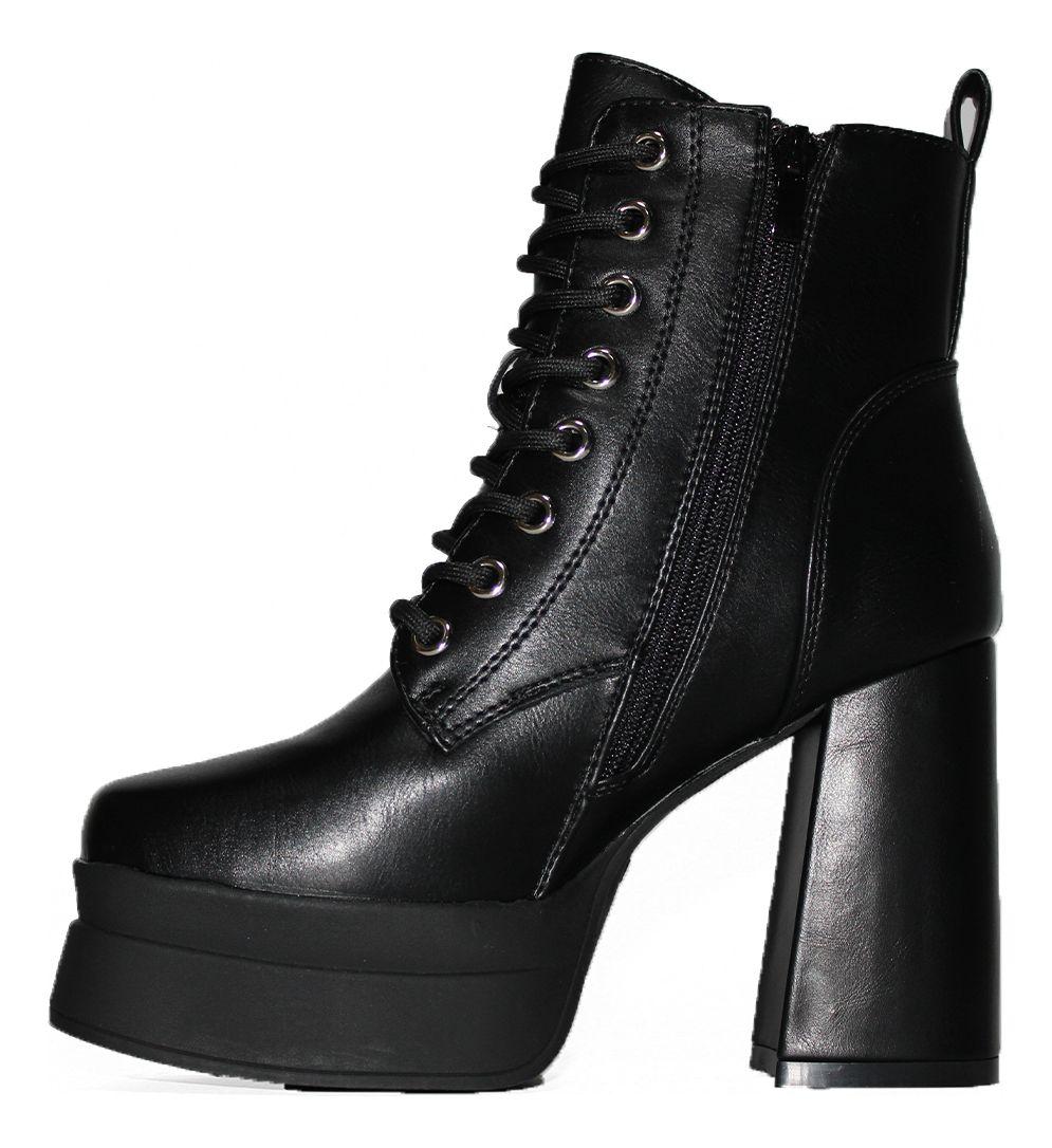 Botín Con Taco Alto Negro De Cordones Y Pequeño Aplique-1