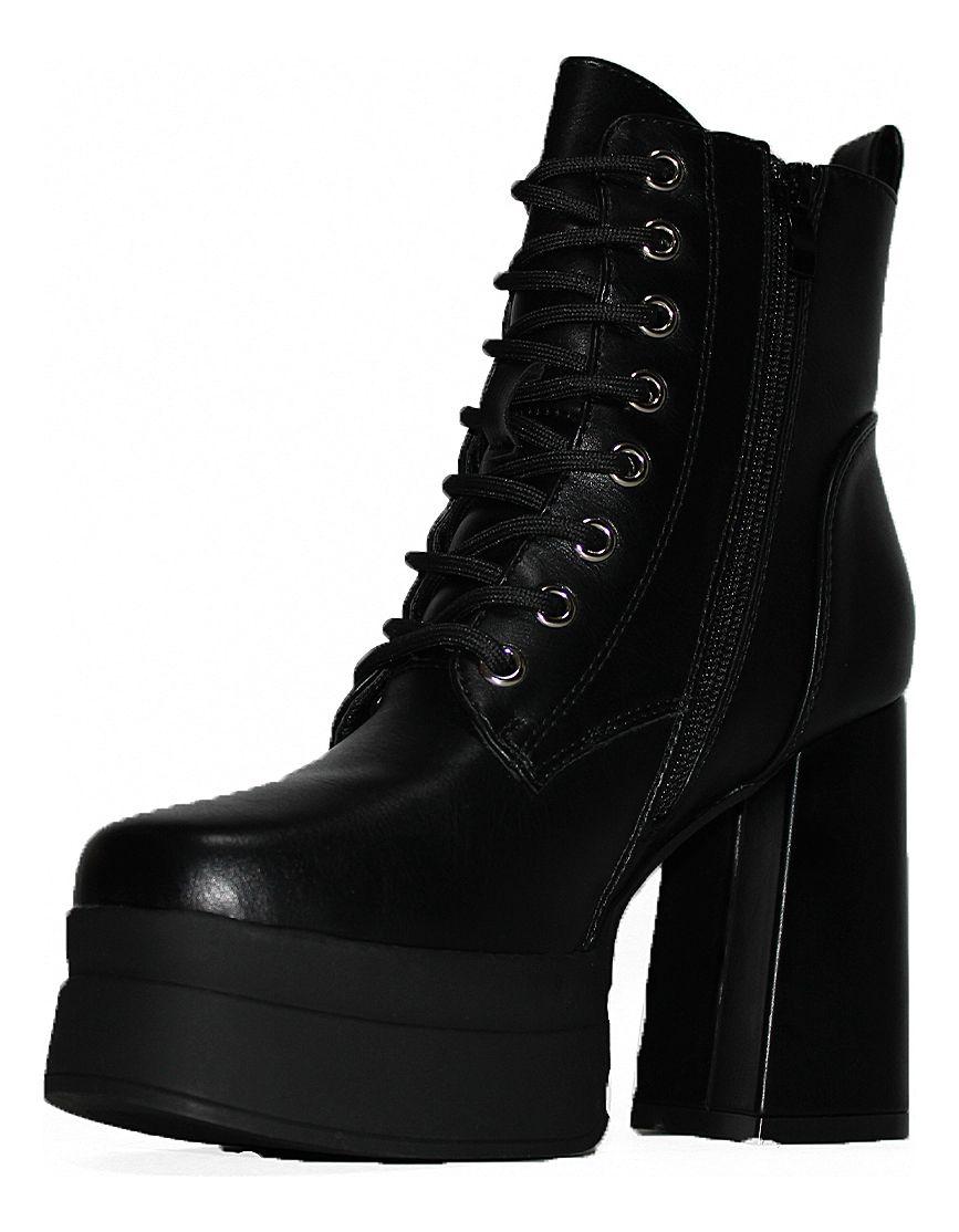 Botín Con Taco Alto Negro De Cordones Y Pequeño Aplique-3