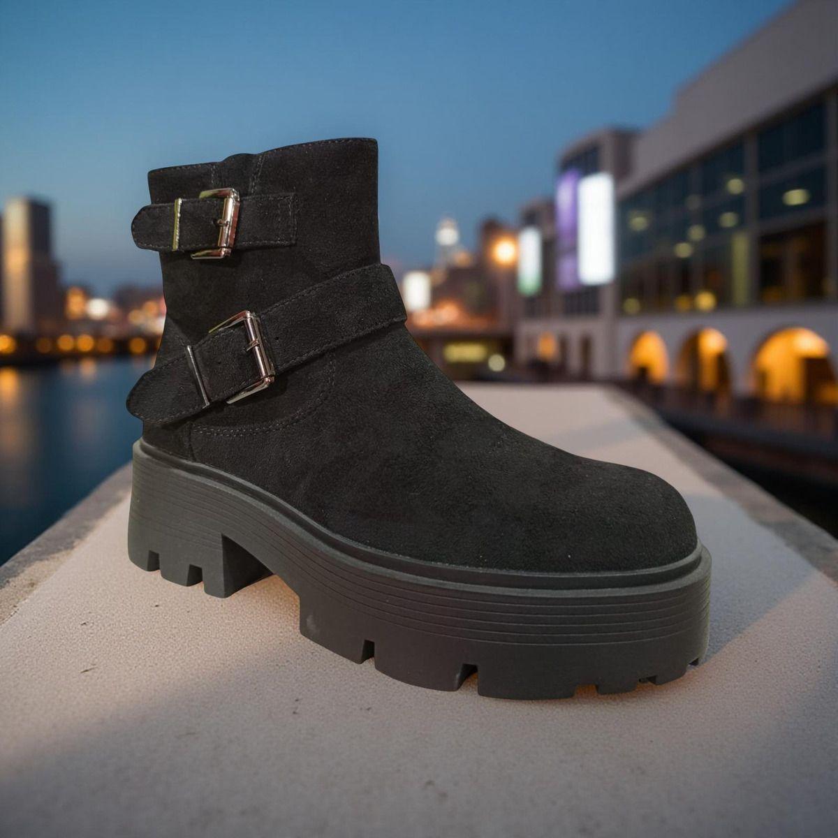 Botín De Gamuza Con Cierre Y Hebillas Cómodo De Mujer-6