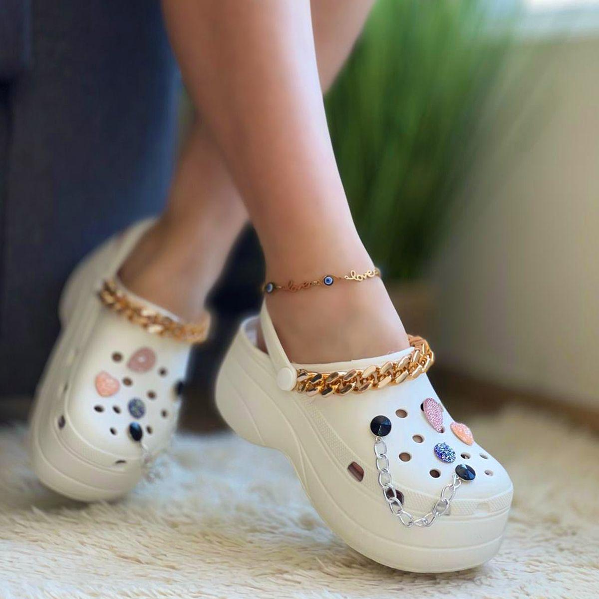 Sandalias Crs Zuecas Mujer Con Plataforma Cadenas Doradas C2-6