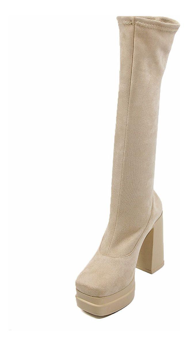 Botas Bucaneras Terciopelo Beige Taco Grueso-5
