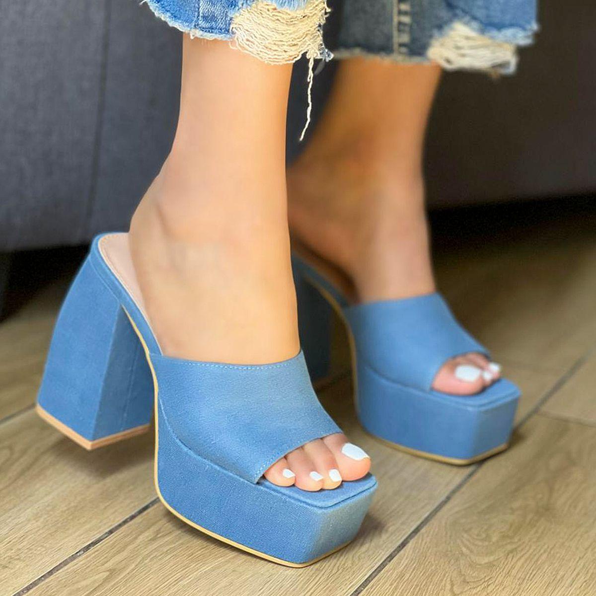 Sandalia Jeans Mujer Taco Grueso Cómodo Moderno Celeste-2