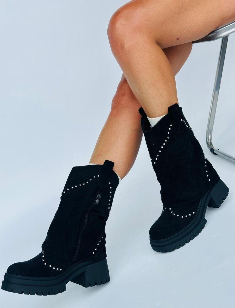 Botín Estilo Vaquero En Gamuza Con Apliques Plateados-4