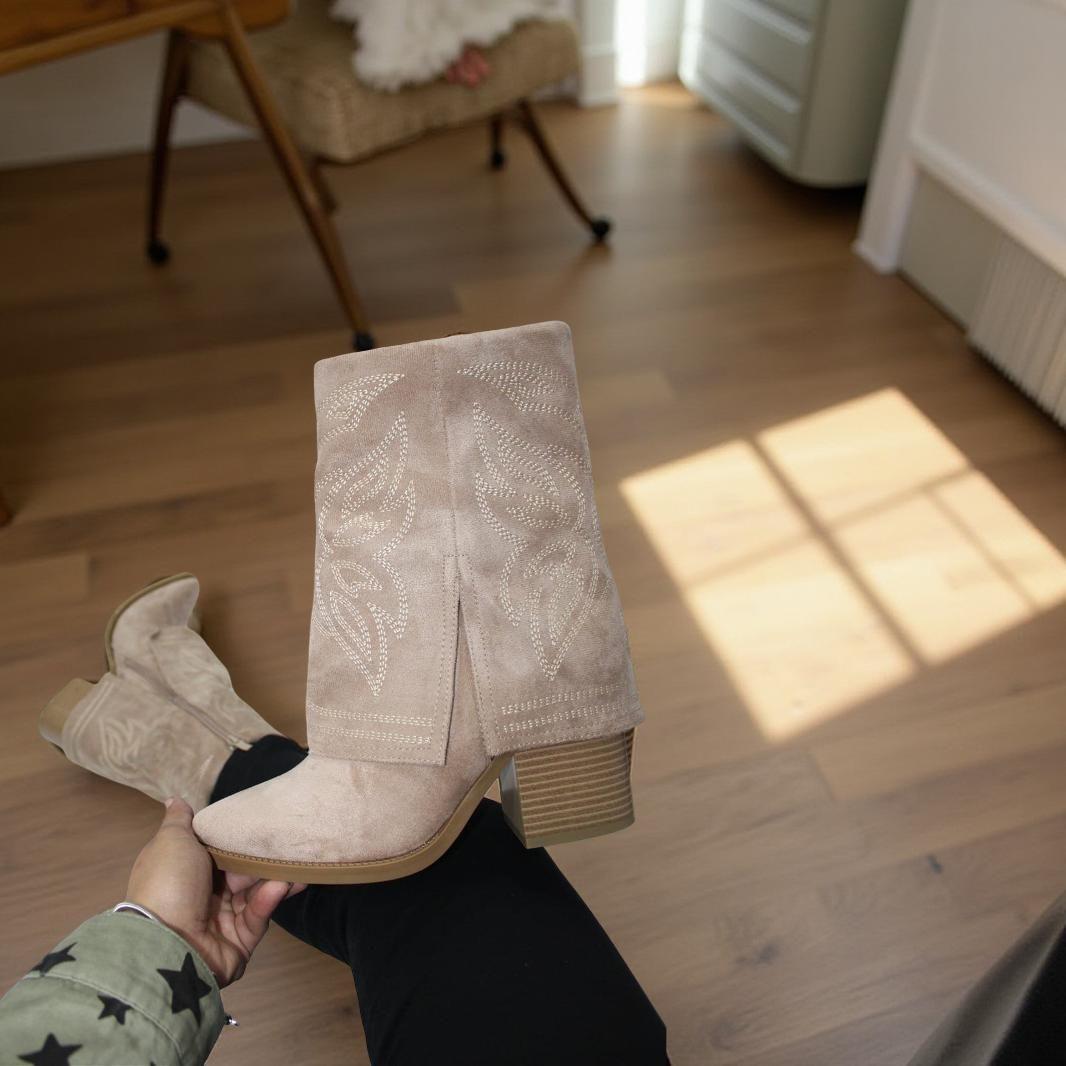 Botín Cowboy Mujer Tacón Bloque Diseño Bordado Y Forrado-1