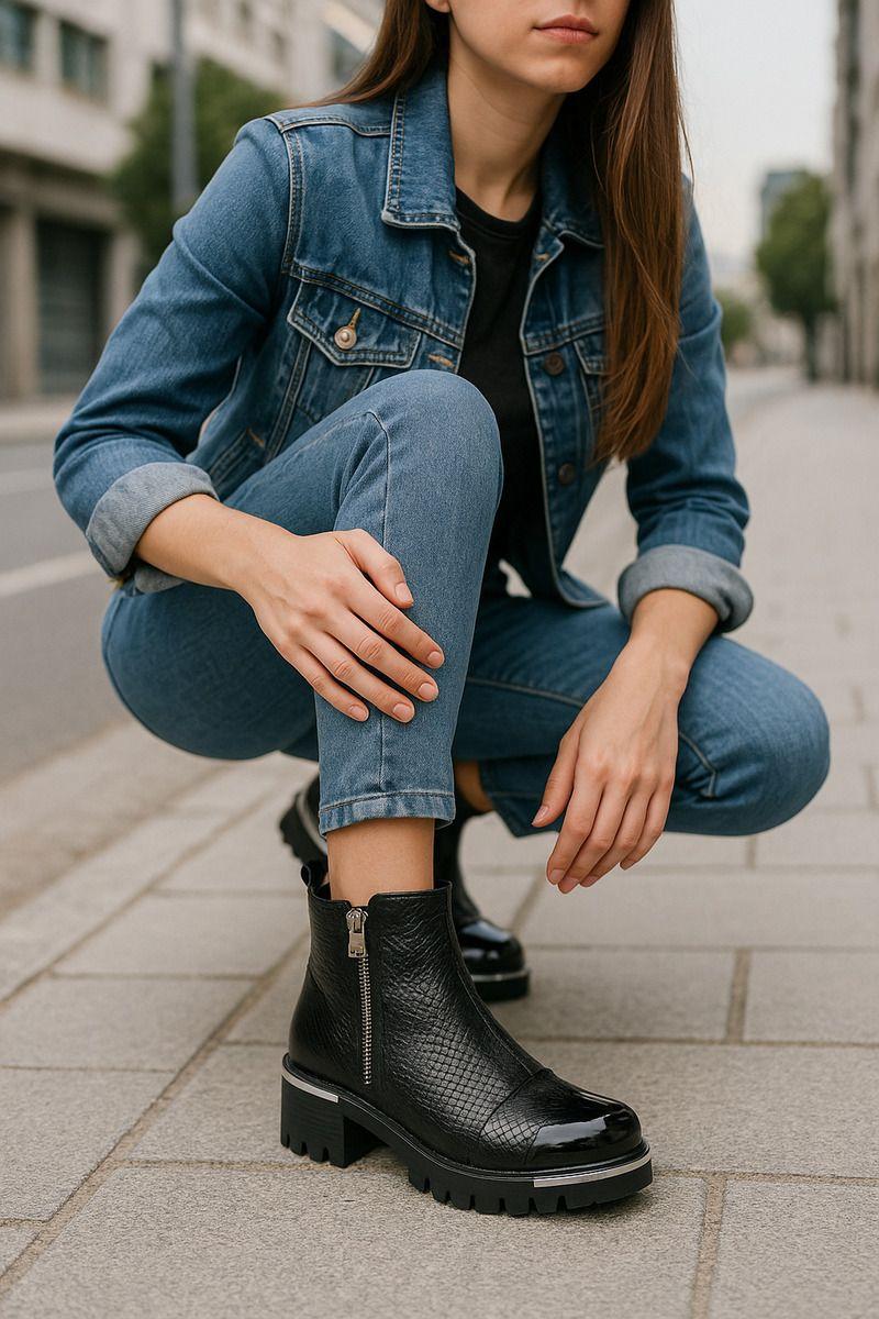 Botín Negro Mujer Acabado Charol + Textura Reptil-8