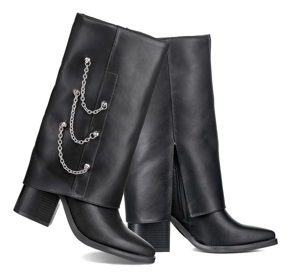 Botas Largas De Eco Cuero Para Mujer Con Tacón Grueso-3