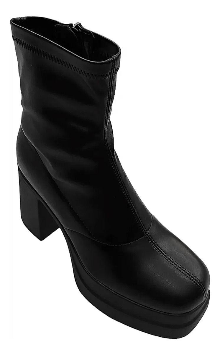Botín Alto Negro De Eco Cuero Caña Media Para Mujer 2388-1