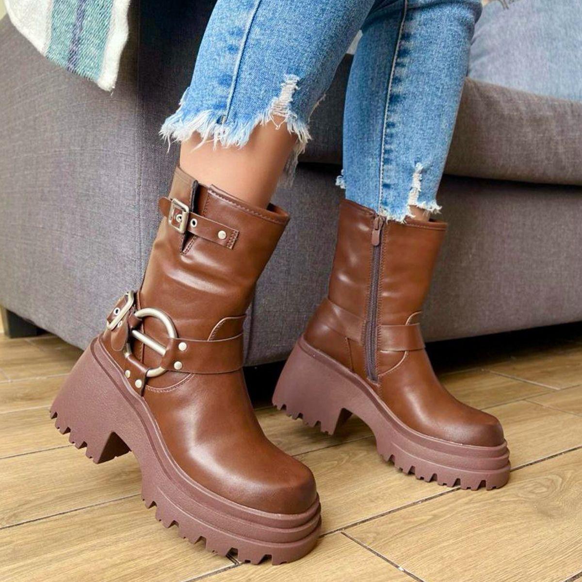 Botín Con Hebilla Y Correa En Cuero Brown & Black-3