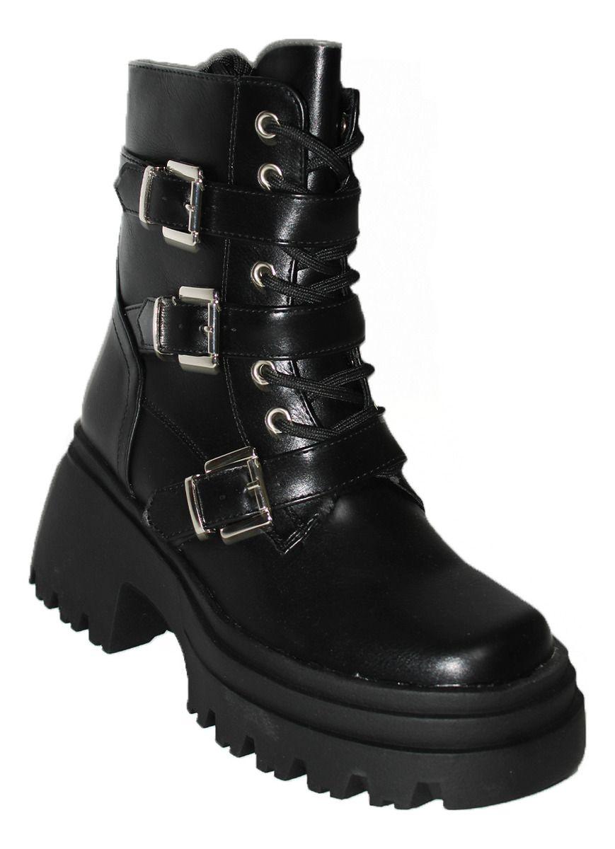 Botines Negro De Tres Hebillas Y Cordones En Cuero-3