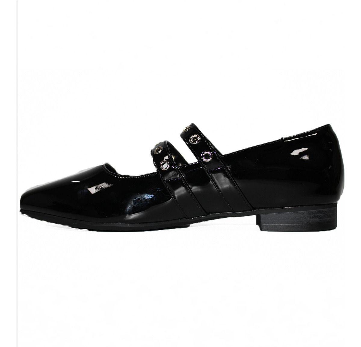 Zapatilla Negra Con Dos Hebilla De Charol Mocasines De Dama-5