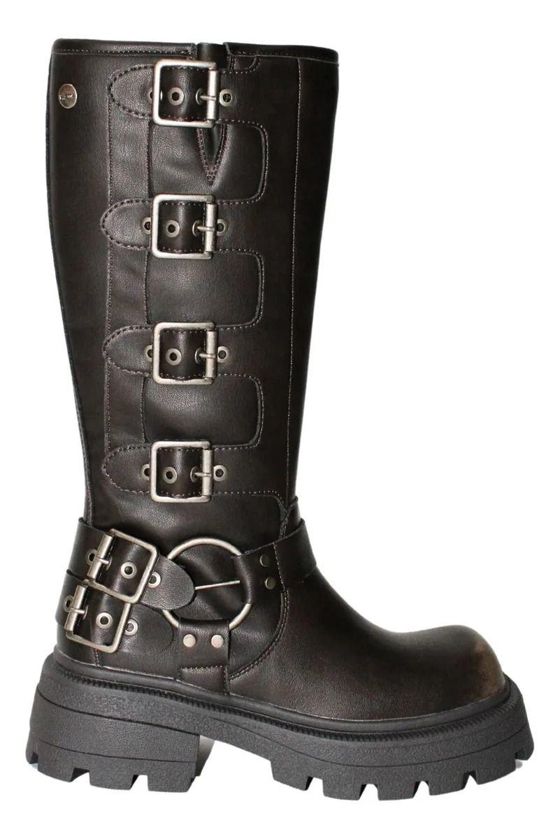 Bota Larga Con Hebillas Vintage En Negro Y Café-2