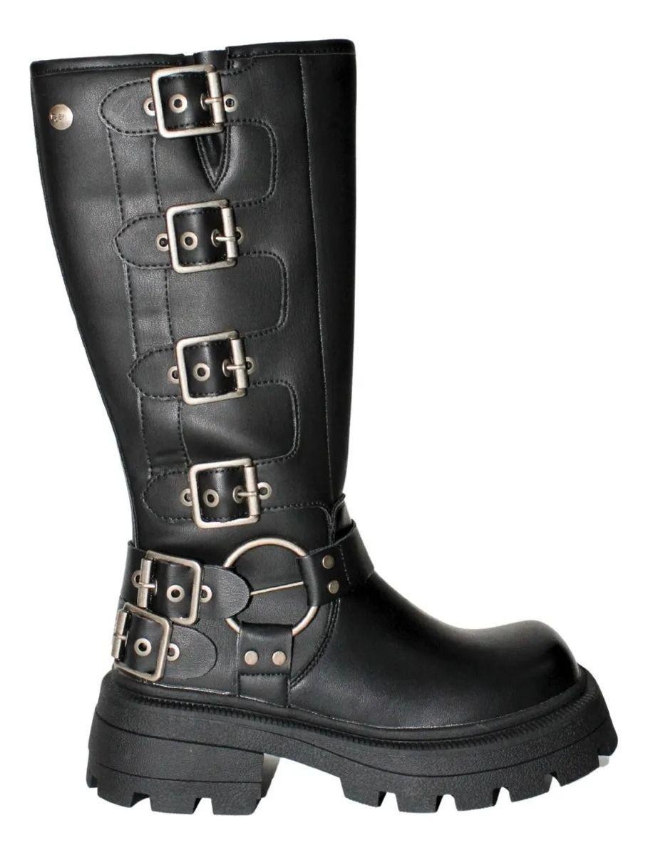 Bota Larga Con Hebillas Vintage En Negro Y Café-0