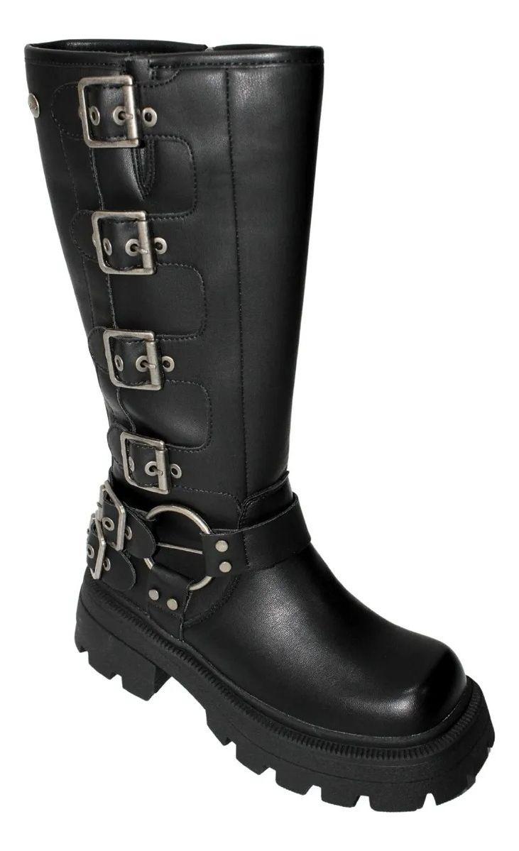 Bota Larga Con Hebillas Vintage En Negro Y Café-1