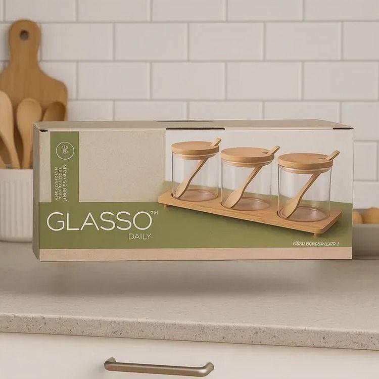 Set 3 Frascos Canister Bamboo Bandeja Vidrio 300 Ml Glasso-2