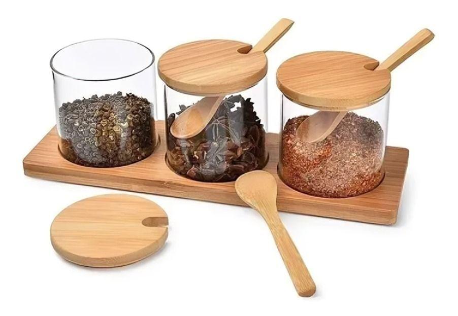 Set 3 Frascos Canister Bamboo Bandeja Vidrio 300 Ml Glasso-3