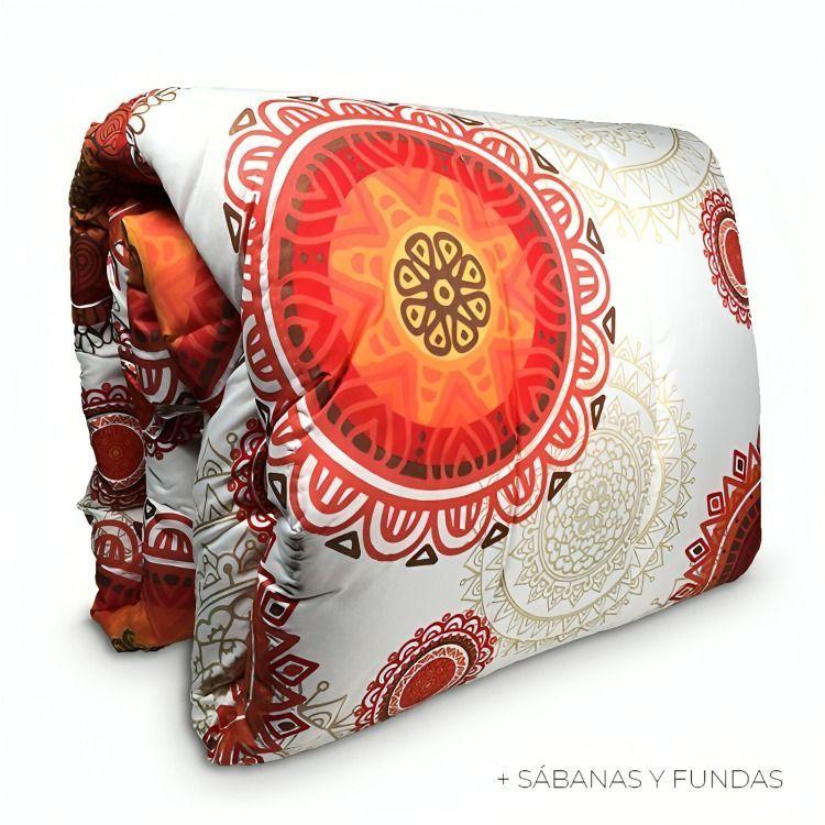 Plumón Estampado + Funda + Sábanas 1,5 plazas / Mándalas Salmón - Beige -2