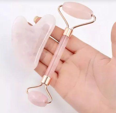 Kit Rodillo Facial Cuarzo Rosa Rejuvenecimiento Jade -3