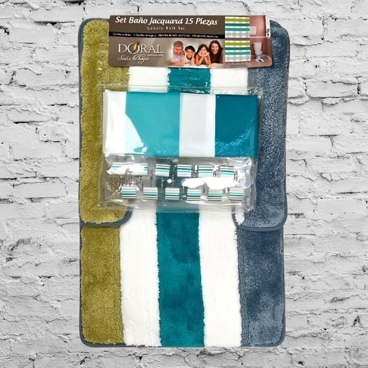Set de Baño 15pcs  Franjas Petróleo Verde Azul – Doral -1